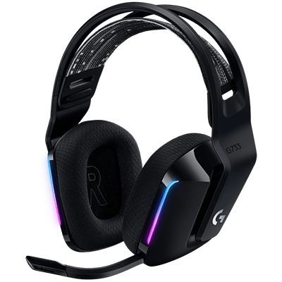 Logitech G733 Lightspeed Wireless Gaming Headset with Suspension Over Ear Headband, LIGHTSYNC RGB, Blue VO!CE mic Technology and PRO-G Audio Drivers - Black